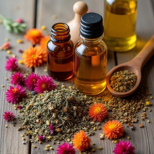 Close-up of natural ingredients like dried herbs, colorful petals, and small bottles of oils scattered on a wooden surface