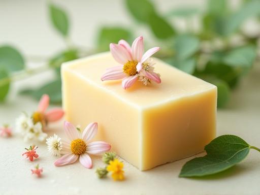 Handmade soap with floral decoration on a contact section background