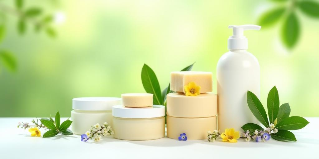 Handmade natural cosmetic products with flowers and leaves, arranged on a bright background