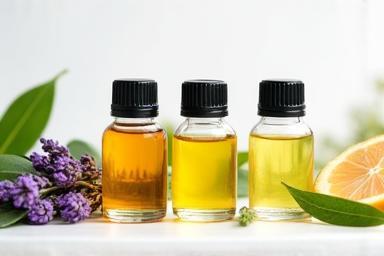 Bottles of essential oils with corresponding plant leaves and flowers