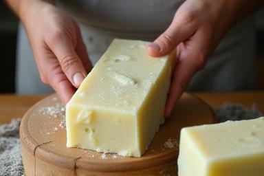 Hands crafting handmade soap, cutting a large loaf