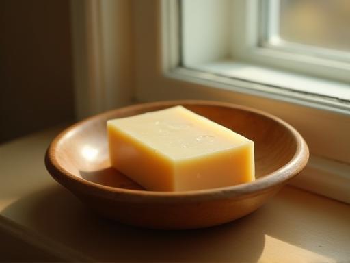 Handmade soap resting in a wooden soap dish with natural light